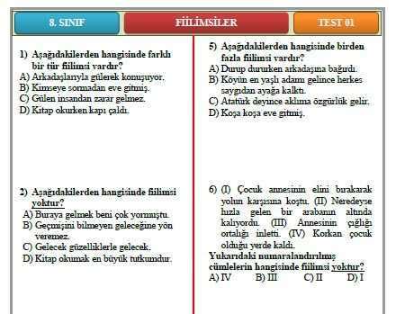 8 sınıf türkçe fiilimsi soruları indir